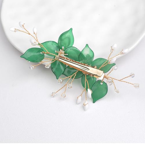 Wedding Hair Clips, Crystal Hair Pins Pearl Rhinestone Hair Barrettes, Bridal Flower Hair Pieces Pearl Headpieces Hair Accessories for Women Girls (Green) - color: Green