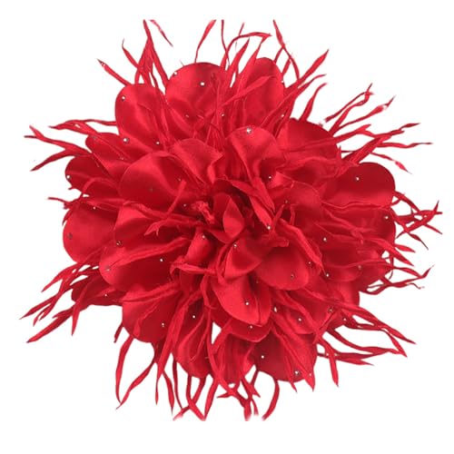 18cm/7in Dainty Spiky Fabric Flower Brooch Pin for Women Girls Elegant Crystal Colorful Pom-Pom Fluffy Floral Peony Brooches Lapel Hair Pins Trendy Party Dress Accessories Jewelry - color: Red