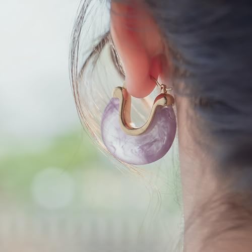 Chunky Gold Resin Hoop Earrings Leverback Statement Huggie Hoops Dangle Drop Dressy Earring Prom Festival Vacation Jewelry for Women - color: Purple, size: Drop