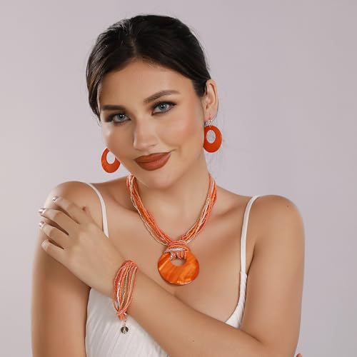 Coiris Multi Strand Statement Colorful Beaded Necklace with Big Circle Shell Pendant for Women - color: Orange