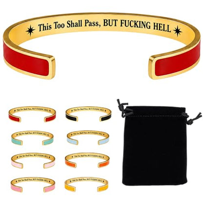 This Too Shall Pass Mantra Cuff Bracelet, BUT FUCKING HELL Engarved Hidden Message Code Motivational Bangle Inspirational Jewelry Encouragement Gifts for Women - color: Red Gold