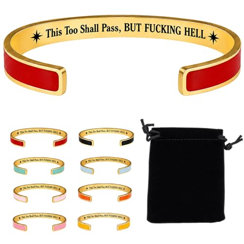 This Too Shall Pass Mantra Cuff Bracelet, BUT FUCKING HELL Engarved Hidden Message Code Motivational Bangle Inspirational Jewelry Encouragement Gifts for Women - color: Red Gold