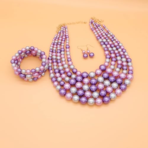 Faux Big Pearl Srand Necklaces for Women 5 Layers Pearls Choker Bib Collar Necklace Bracelet and Earrings set 1920s Costume Pearl Jewelry Bridal Wedding - color: colorful purple