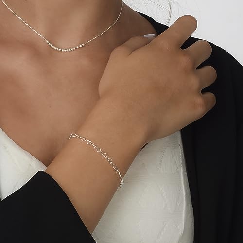 Stacking Bracelet Silver, Minimalist Simple Gourmet Satellite Rectangles Lace Heart Chain Bracelets, 925 Sterling Arm Jewelry for Women, Length 6.5-7.5 Inches - style: Hearts Chain