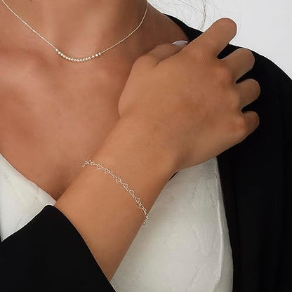 Stacking Bracelet Silver, Minimalist Simple Gourmet Satellite Rectangles Lace Heart Chain Bracelets, 925 Sterling Arm Jewelry for Women, Length 6.5-7.5 Inches - style: Hearts Chain
