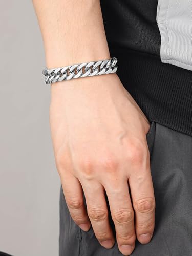 ChainsHouse Stainless Steel Cuban Link Bracelet, 6mm/8mm/12mm/17mm Width, 7.5"/8.3"/9", Black/ 18K Gold Plated Chain Wrist Bracelets for Men Women, Send Gift Box - color: Q: Steel-12mm width-custom