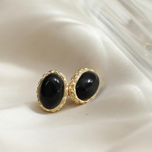 Gempires Bold Oval Gemstone Stud Earrings for Women – Natural Healing Stone Jewelry 14K Gold-Plated Hypoallergenic Tarnish-Resistant – Bold Statement Studs Gift for Her - style: Black Onyx