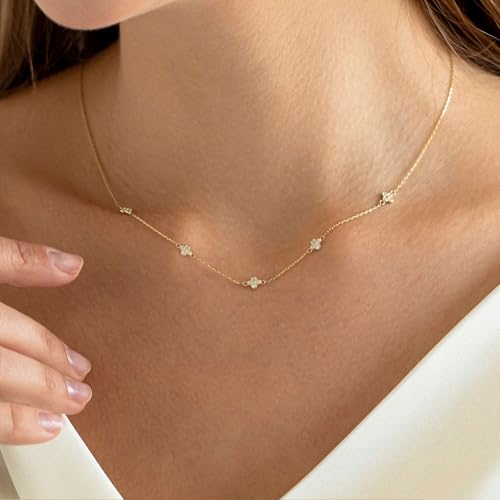 VRIUA Necklaces for Women - 14K Gold/Silver Plated Dainty Chain Necklace with Five Charms: Diamond, Bow, Snowflake, Cross, Flower, Clover, Butterfly, Heart, Star of David, and Star Trendy Jewelry - color: Gold, style: Flower