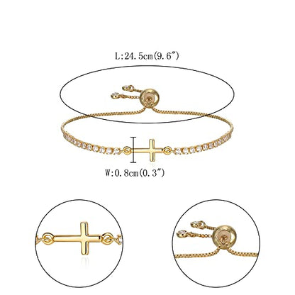 FANZE Gold Plated Cubic Zirconia Tennis Bracelets for Women Dainty Trendy Adjustable Bracelet Jewelry Gift for Ladies Wedding Mother Birthday Anniversary - style: Cross