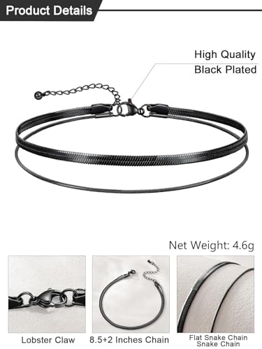U7 Silver/Gold/Black Ankle Bracelets for Women Layered Chain Anklets | Stainless Steel Anklets Waterproof Summer Beach Anklet Charm, Adjustable 8.5"-10.5",Layered Anklet Fashion - color: Black - Flat Snake Chain+Snake Chain