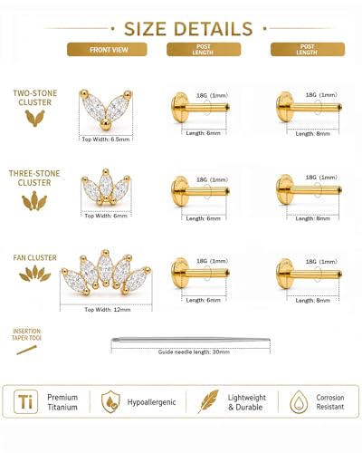 YACHY ASTM F136 G23 Titanium Flat Back Stud Earrings, Internally Threaded Screw-On Hypoallergenic Body Piercing Jewelry for Everyday Wear, Tragus Helix Conch Monroe Medusa Lip, 18G 6mm 8mm - color: Luna Laurel--3pcs+3bar--Gold, size: 6mm+8mm
