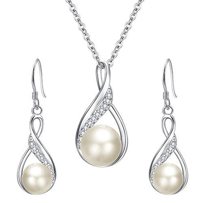 EleQueen 925 Sterling Silver CZ Freshwater Cultured Pearls Bridal Pendant Necklace Earrings Wedding Jewelry Sets, Valentine's Day/Mother's Day/Christmas Gift - style: 01-Ivory