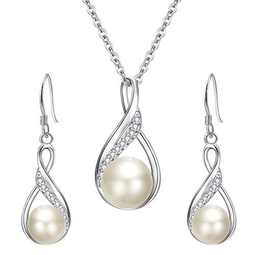 EleQueen 925 Sterling Silver CZ Freshwater Cultured Pearls Bridal Pendant Necklace Earrings Wedding Jewelry Sets, Valentine's Day/Mother's Day/Christmas Gift - style: 01-Ivory