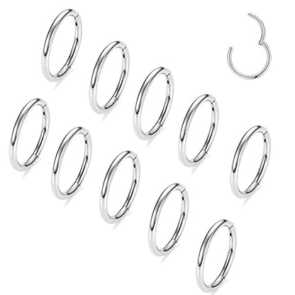 Casvort 10 PCS 16G Seamless Septum Nose Piercing Rings Segment Tragus Hoop Rings 316 Stainless Steel Helix Ring Stack Clickers Ear Plugs Hangers Women Body Jewelry - color: Silver Classic, size: 1.2*12mm 10 PCS