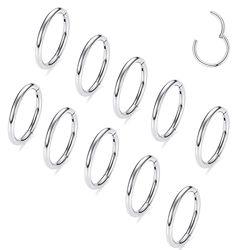 Casvort 10 PCS 16G Seamless Septum Nose Piercing Rings Segment Tragus Hoop Rings 316 Stainless Steel Helix Ring Stack Clickers Ear Plugs Hangers Women Body Jewelry - color: Silver Classic, size: 1.6*10mm 10 PCS