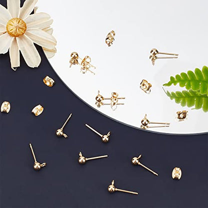 Beebeecraft 100PCS 24K Gold Plated Earring Studs with Loop Ball Post Earring Findings with 100Pcs Butterfly Ear Back for DIY Jewelry Dangle Earring Making(15x7mm, Ball: 4mm) - color: Gold, size: 4mm Ball