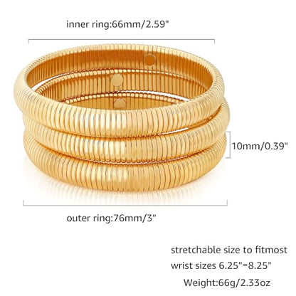 Gold Chunky Stretch Snake Chain Bangle Bracelets Stack for Women Trendy, 18K Gold Filled Stainless Steel Stretchy Womens Stackable Wristband Bangles Bracelet Set - style: 3PCS 10MM EACH