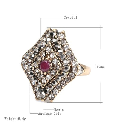 Vintage Full-Pavé Natural Stone Statement Ring for women, Bohemian sliver plated Cocktail Band with Red Resin Center, Boho Gemstone Ring with Black/White Crystal Cluster,Retro Accessory Jewelry