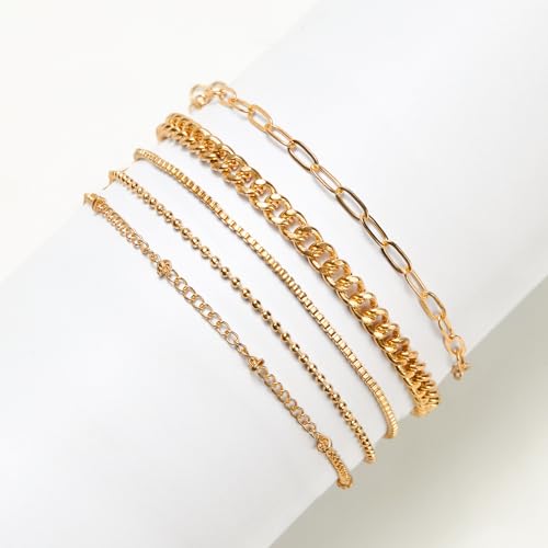 Women’s 14K Gold Plated Ankle Bracelet Set, Waterproof Cuban Figaro Link Chain – Adjustable Boho Chic Summer Anklets