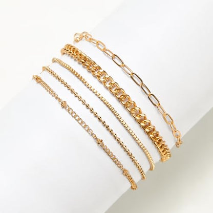 Women’s 14K Gold Plated Ankle Bracelet Set, Waterproof Cuban Figaro Link Chain – Adjustable Boho Chic Summer Anklets