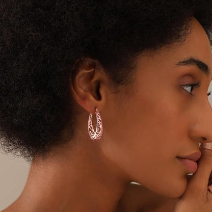 LeCalla 925 Sterling Silver Hoop Earrings | Women's Filigree Hoop Earrings | Openwork Mesh Filigree Cut Earring | Lightweight & Hypoallergenic Vintage Hoop Earrings for Women - style: Rose-Gold / Oval Filigree