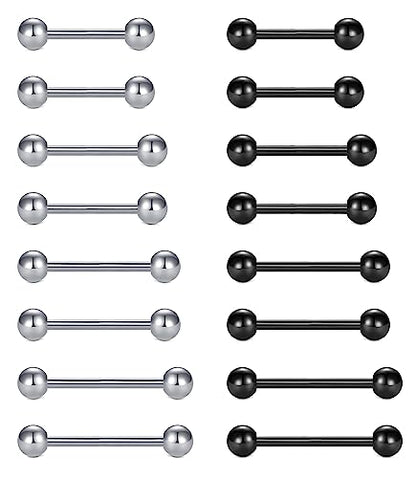 VCMART Nipple Rings Tongue Rings Stainless Steel 14G Straight Barbells Piercing Jewelry 12mm,14mm,16mm,18mm - color: 8 -silver & black