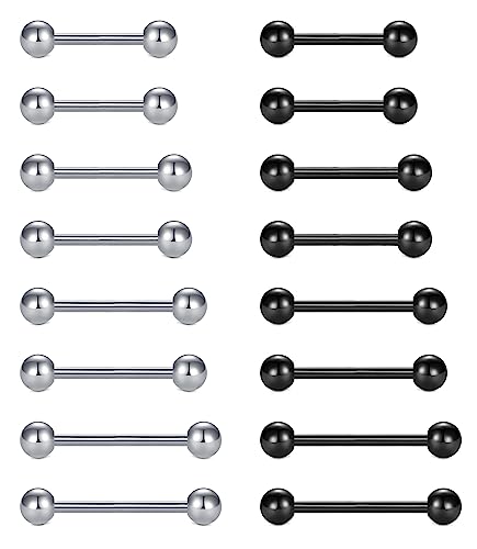 VCMART Nipple Rings Tongue Rings Stainless Steel 14G Straight Barbells Piercing Jewelry 12mm,14mm,16mm,18mm - color: 8 -silver & black