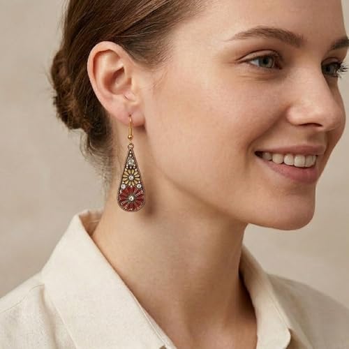 Bohemian Crystal Teardrop Dangle Earrings, Copper, Tribal Geometric Design, Handmade National Style for Women - color: Red