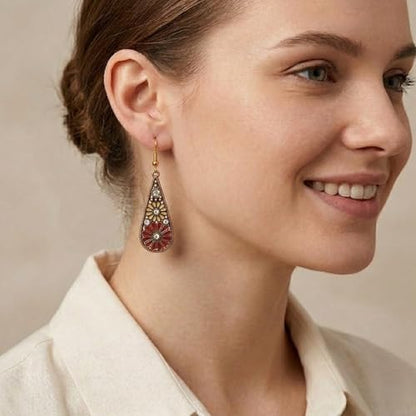 Bohemian Crystal Teardrop Dangle Earrings, Copper, Tribal Geometric Design, Handmade National Style for Women - color: Red