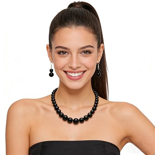 Cryshimmer Pearl Choker Necklace for Women Faux Pearl Beads Strand Necklace Earring Set Costume Jewelry,Gift for Wife Mother - color: Black