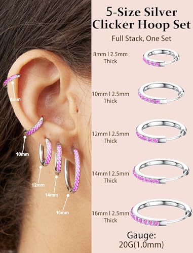 5 Pairs Huggie Hoop Earrings, Cubic Zirconia 14K Gold-Plated 316L Surgical Steel, Hypoallergenic Lightweight Design for Women & Men Cartilage & Multi-Piercing Stacking(13-21mm) - color: E+silvery+Pink