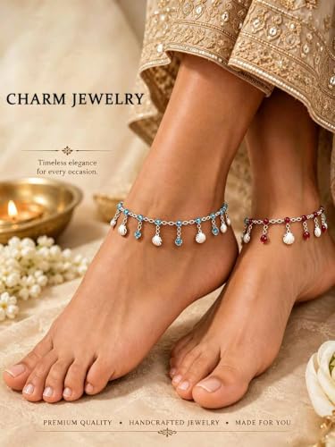 Yalice 925 Silver Plated Charm Chain Ankle Bracelets for Women Dainty Fringe Waterproof Anklets Boho Beach Wedding Foot Jewelry - color: Red