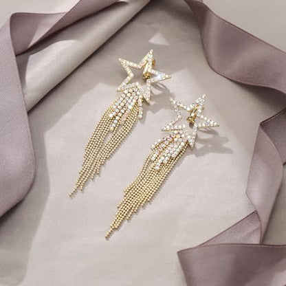 EVER FAITH Crystal Long Waterfall Star Tassel Clip-on Earrings for Women | Rhinestone Beaded Fringe Chandelier Dangle Statement Earring, Wedding Party Jewelry - color: Iridescent Clear AB Gold-Tone