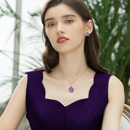 EleQueen Rose Flower Necklace Earrings Bracelet Set for Women - color: Light Purple-Rose Gold-Tone