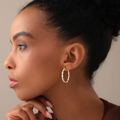 LeCalla Real 925 Sterling Silver Textured Two-Tone Three-Tone 14K Gold Plated Lightweight Italian Design Hoop Earrings for Women Diameter 25,30,40,45,50mm - color: Two-Tone Small-30mm