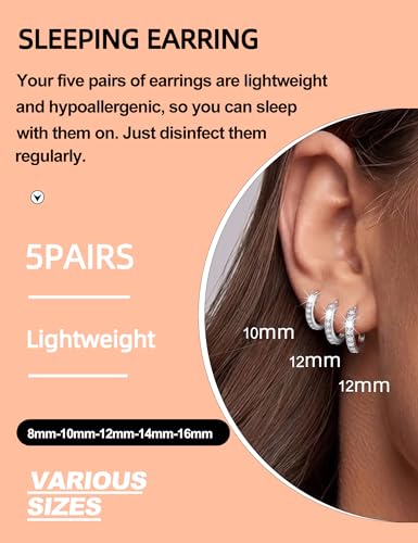 5 Pairs Huggie Hoop Earrings, Cubic Zirconia 14K Gold-Plated 316L Surgical Steel, Hypoallergenic Lightweight Design for Women & Men Cartilage & Multi-Piercing Stacking(13-21mm) - color: A+silvery+White