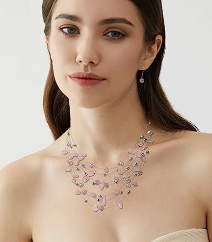 Multi-Layer Boho Shell Beaded Necklace for Women Colorful Crystal Strand with Silver Beads Statement Collars Necklace and Earrings Costumes Jewelry Sets for Women - color: 48-Pink