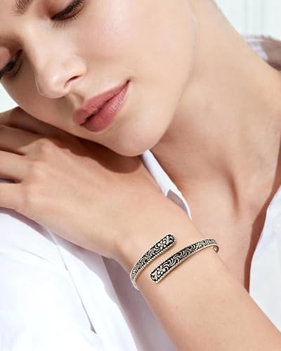 Vinatage 14K Gold Plated Cuff Bracelet - Boho Adjustable Cuff with Floral Pattern, Stackable Bracelet Bangle for Women