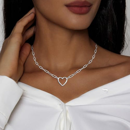 Airmb Heart Necklace for Women Gold/Silver Plated Trendy Heart Choker Lover Pendant Hypoallergenic Fashion Gold/Silver Necklace for Women Love Jewelry Gift for Women Girlfriend - color: Paperclip Open Heart-Silver