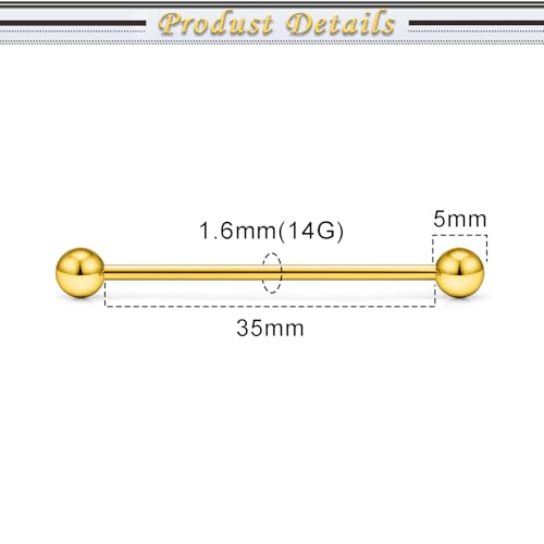 16G 14G Surgical Steel Tongue Rings Nipple Rings Industrial Piercing Jewelry Set Multi Size Straight Barbells 12mm 14mm 16mm 19mm 22mm 28mm 32mm 35mm 38mm 40mm 45mm for Women Men - color: goldtone, size: 14g,bar length 35mm