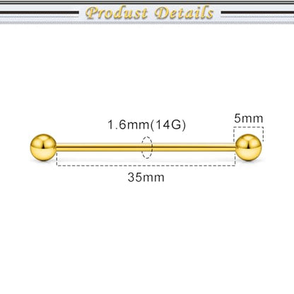 16G 14G Surgical Steel Tongue Rings Nipple Rings Industrial Piercing Jewelry Set Multi Size Straight Barbells 12mm 14mm 16mm 19mm 22mm 28mm 32mm 35mm 38mm 40mm 45mm for Women Men - color: goldtone, size: 14g,bar length 35mm