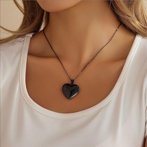 PHOCKSIN Personalized Locket Necklace for Women Photo Necklace with Customized Picture Birth Flower Birthstone Customizable Birthday Gifts - color: #20-Heart Black Birthflower
