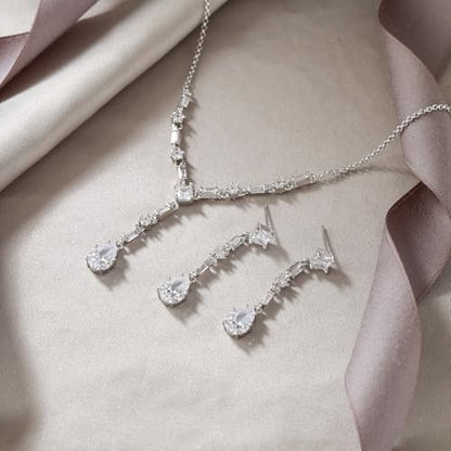 EVER FAITH Gorgeous Cubic Zirconia Jewelry Set Elegant Rhombic Birthstone Teardrop Wedding Prom Choker Necklace Dangle Earrings Sets for Women