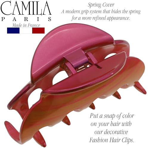 Camila Paris CP3218 French Hair Clips for Women, 3.5" Large Claw Clip Strong Hold All Day, Girl Large Claw Clips for Thick Hair, No Damage No Slip Flat Clip for Women. Made in France - color: Fushia