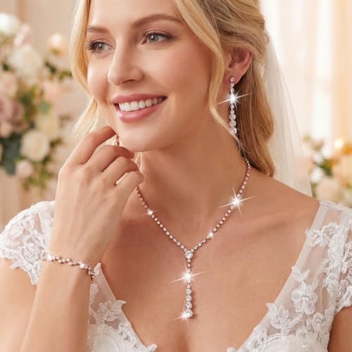 Bride Silver Bridal Necklace Earrings Set Crystal Wedding Jewelry Set Rhinestone Choker Necklace for Women and Brides - color: D Rose Gold