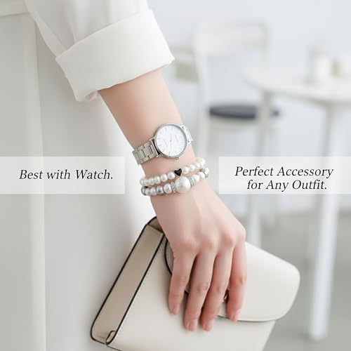 8pcs Faux Pearl Bracelets for Women, Stackable Stretchy Bridal Jewelry Set, Elastic Layered Bracelets for Wedding Bridesmaid Party Prom Christmas - color: silver