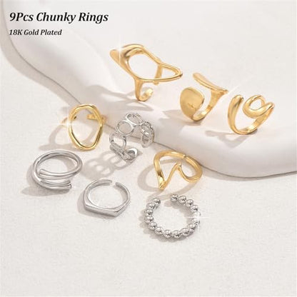 Chunky Stackable Rings Set for Women Non Tarnish Adjustable Open Stacking Knuckle Ring Chunky Joint Finger Midi Rings Pack Dainty Simple Statement Jewelry - style: C-9pcs
