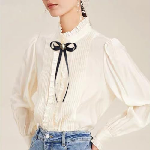 FASELE JKQBUX Women's Brooch Pin pearl Jk preppy style Pre Neck Tie Wedding Party Bow for Women Student Bow Tie accessory - color: Black
