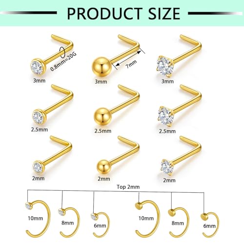 Gotumo 20G Nose Rings Titanium Nose Studs Cubic Zirconia Straight Nose Piercing Jewelry Hypoallergenic Nose Rings Studs for Women Men 6pcs set Silver - color: Gold, size: 20G L Shaped 15pcs