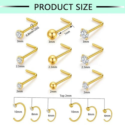 Gotumo 20G Nose Rings Titanium Nose Studs Cubic Zirconia Straight Nose Piercing Jewelry Hypoallergenic Nose Rings Studs for Women Men 6pcs set Silver - color: Gold, size: 20G L Shaped 15pcs